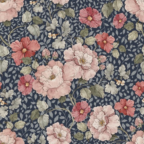 French Terry, un papier peint floral avec des fleurs roses et bleues