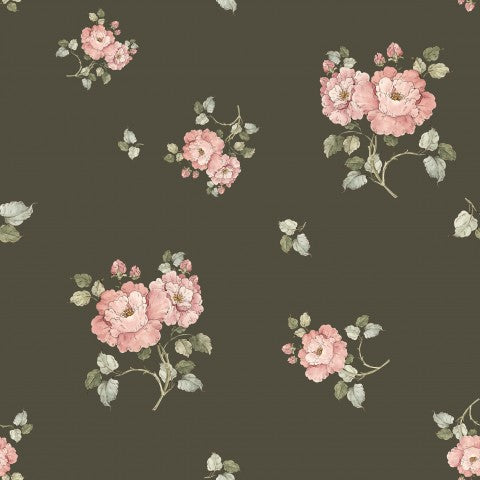 Tessuto impermeabile con rose rosa su sfondo verde scuro