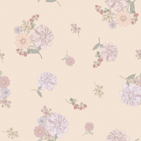Mussola, carta da parati floreale beige con fiori rosa e viola