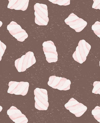 Waterproof fabric with a pattern of marshmallows on a brown background
