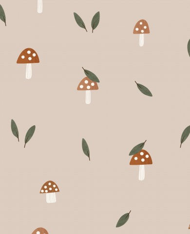 Toile de coton champignons et feuilles sur fond beige