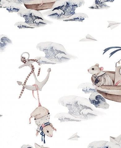 Musselin ein Aquarellmuster mit Mäusen in einem Boot und einem Anker