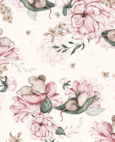  Raso di cotone con motivo floreale con topi e fiori