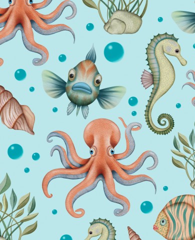 Wasserdichter Stoff Oktopus, Seepferdchen und Fisch auf blauem Hintergrund