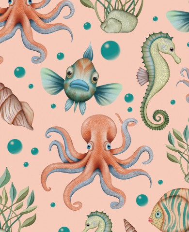 Panama Oktopus, Seepferdchen und Fisch auf rosa Hintergrund