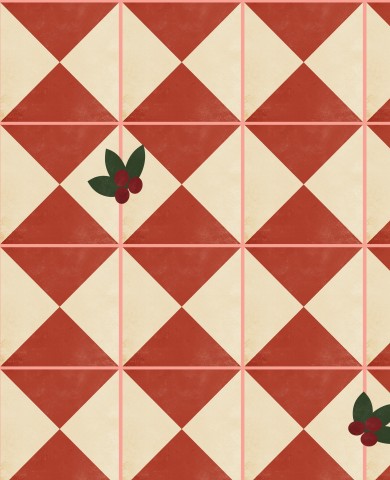 Satin de coton à carreaux rouges et blancs avec des feuilles de houx