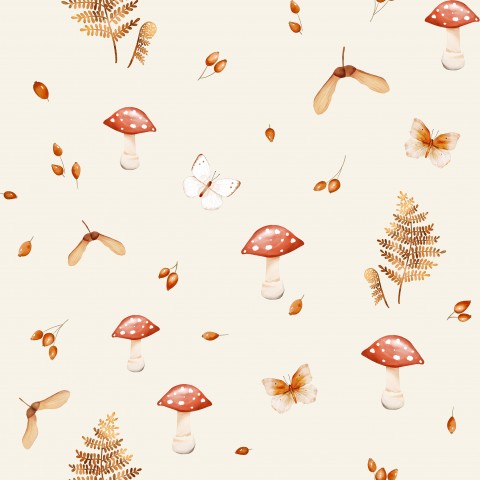 Wasserdichter Stoff mushroom fern butterfly berries ecru