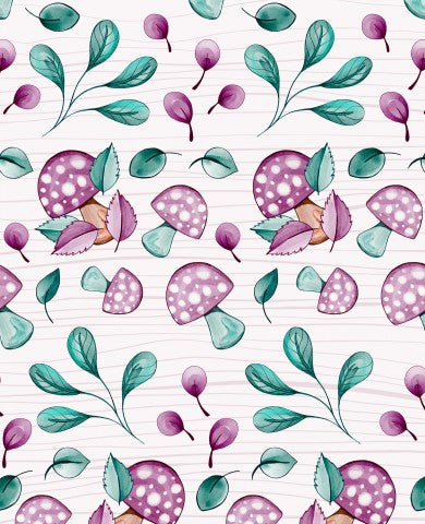 Waterproof fabric Mushrooms and Leaves on White