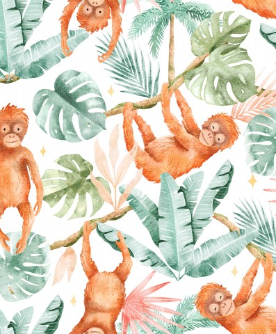 Graziosa stampa di un orango-scimmia nella giungla su tela di cotone: un arredamento da sogno! Un motivo animale lusinghiero, ideale per abbigliamento e accessori.