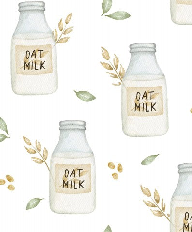Muslin Oat milk bottles on white
