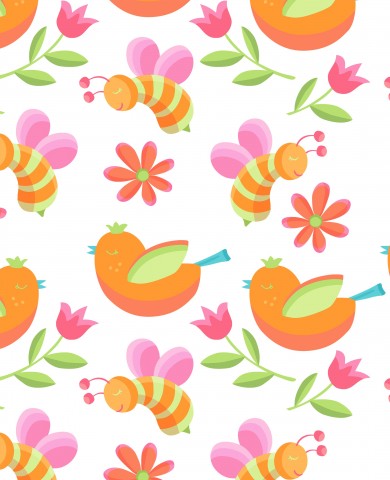 French Terry cute birds and flowers