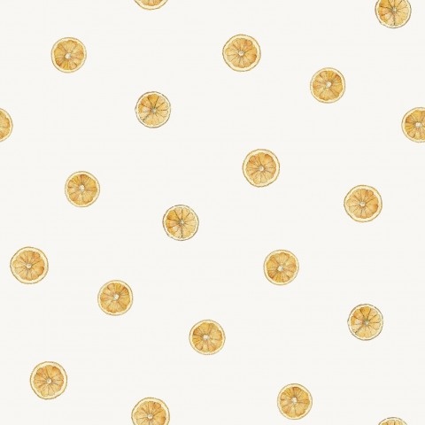  Raso di cotone con motivo di fette di limone su sfondo bianco