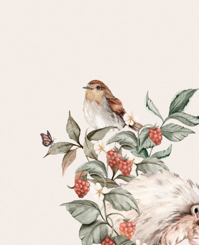 Satin cotton a watercolor of a hedgehog and a bird
