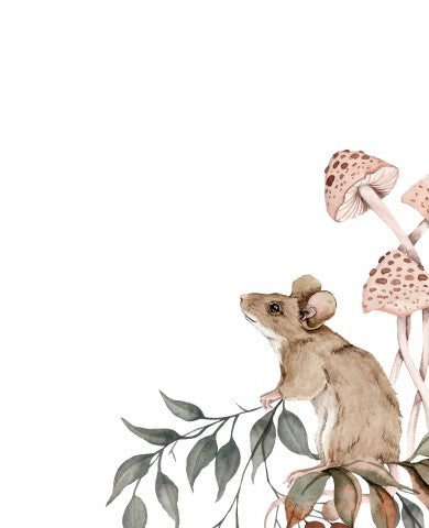  French Terry, un'illustrazione ad acquerello di un topo su un ramo con funghi