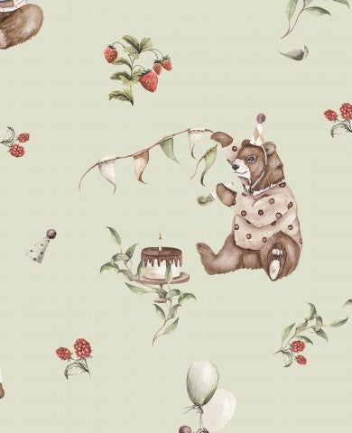 French Terry Teddybären und Erdbeeren auf grünem Hintergrund