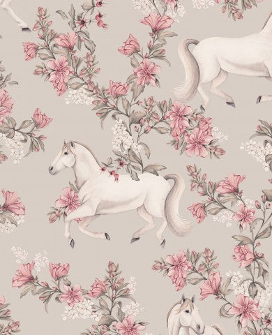 Wasserdichter Stoff Pferde in Blumen beige