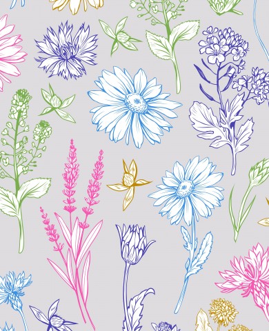 Muslin Pink Gray Line Drawing Herbs Flowers