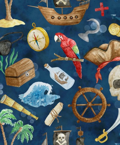 Piraten- und Papageien-Motive auf Natur-Cotton-Canvas - ideal für nächtliche Schmuck und Accessoires - Baumwoll-Stoff, 100% Natürliches Material - Meterware zu
