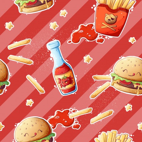 Musselin einen roten Hintergrund mit Hamburgern, Pommes Frites und Ketchup