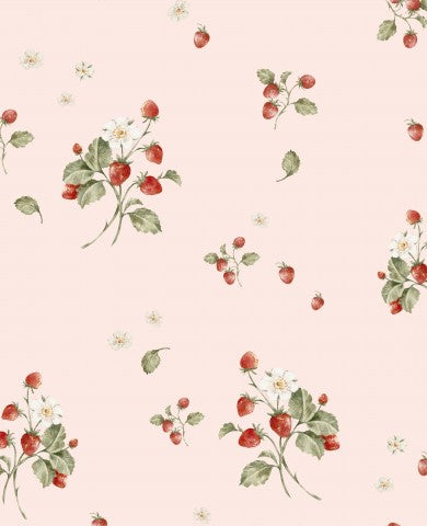 Papier peint en satin de coton rose avec des fraises et des marguerites