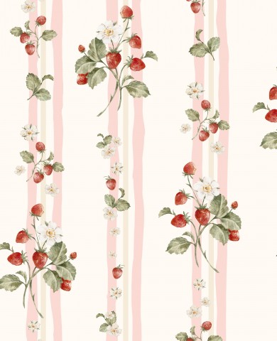 Papier peint en satin de coton à rayures roses et blanches avec des fraises