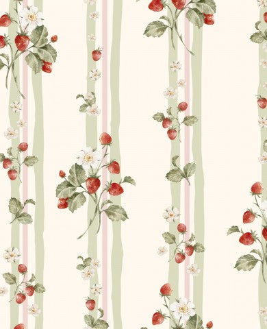 Papier peint à rayures en coton satiné avec fraises et marguerites