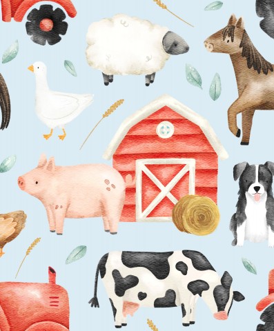 Wasserdichter Stoff Red Barn Tractor Farm Animals Blue