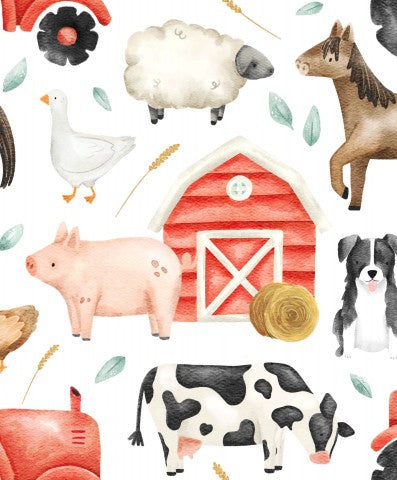 Wasserdichter Stoff Red Barn Tractor Farm Animals white