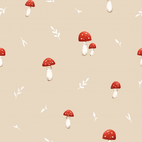Wasserdichter Stoff red mushrooms and leaves beige