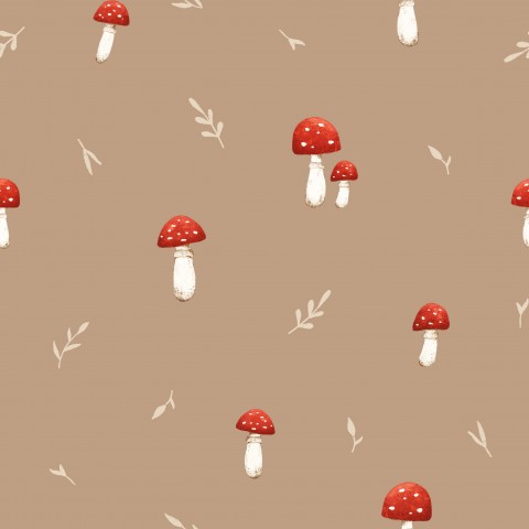 Wasserdichter Stoff red mushrooms and leaves caramel
