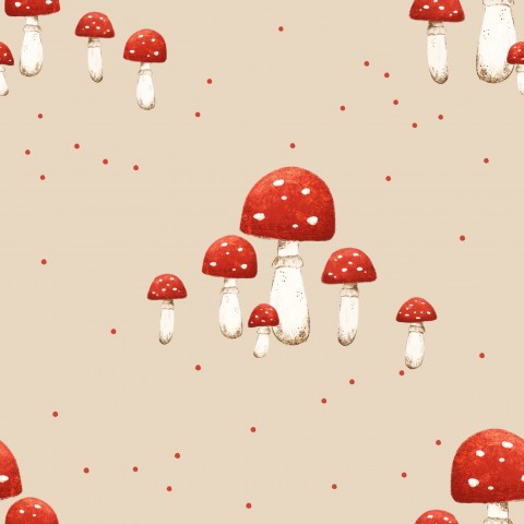 Wasserdichter Stoff Red toadstool mushrooms dots beige
