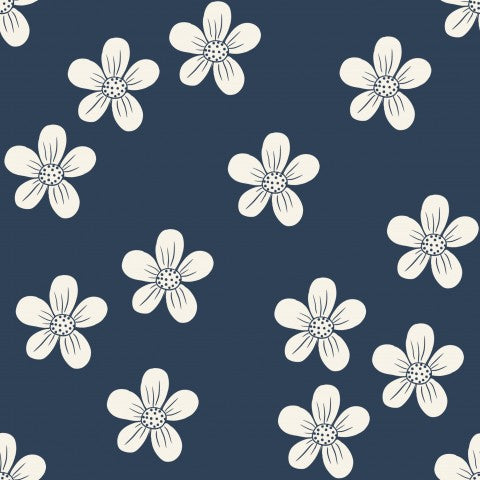 Jersey retro daisy flowers cream navy
