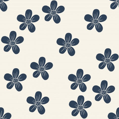 Jersey retro daisy flowers navy cream