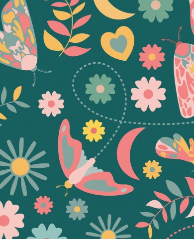 Wasserdichter Stoff Retro Motten und Blumen