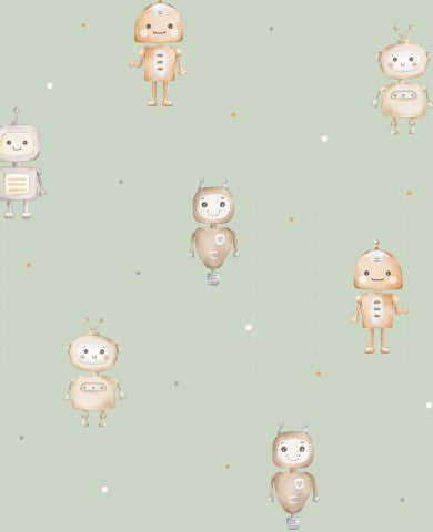  Puuvillakangas, robottien kuvio vihreällä taustalla
