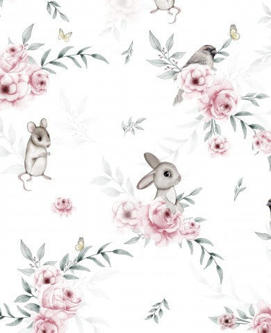 Rib Jersey rosa Blumen und Vögeln