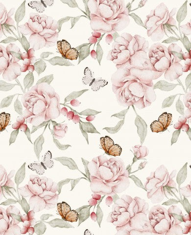  Mussola con motivo floreale con rose rosa e farfalle