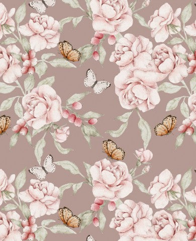  Tessuto impermeabile con motivo floreale, rose rosa e farfalle