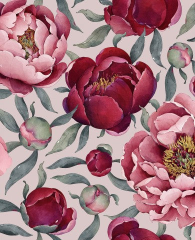  Tela di cotone con peonie rosse piccole - Bellezza naturale per i tuoi vestiti. Tessuto di cotone con un motivo rosa peonia e rosso, ideale per cucire abiti,