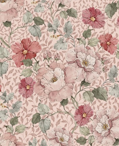  French Terry, una carta da parati floreale con fiori rosa e verdi