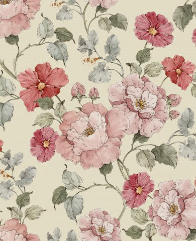  Tessuto impermeabile con motivo floreale e fiori rosa e rossi
