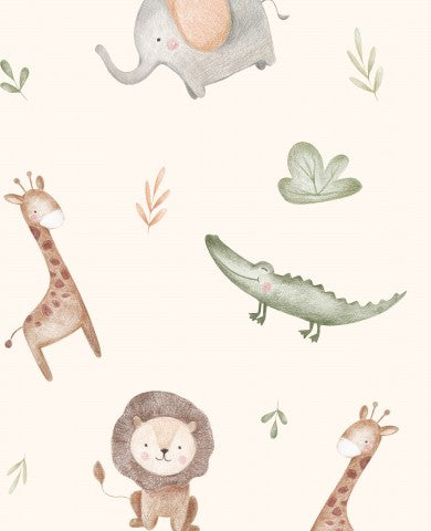 Satin cotton watercolor jungle animals on beige background
