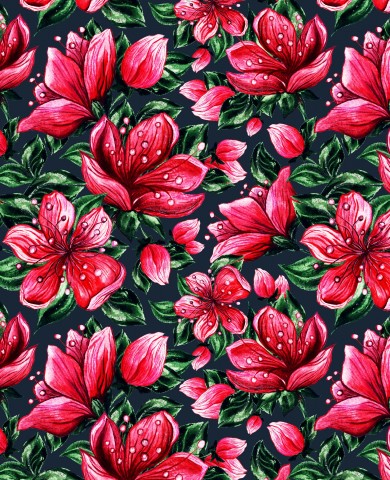Rib Jersey Blumenmuster mit roten Blüten und Blättern