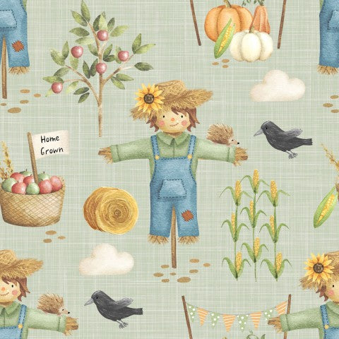  Tela di cotone per creazioni di spaventapasseri in un'atmosfera autunnale con zucche e mele - ideale per accessori in stile fattoria o progetti fai da te