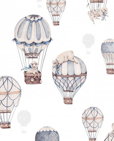Muslin sheep with blue balloons white