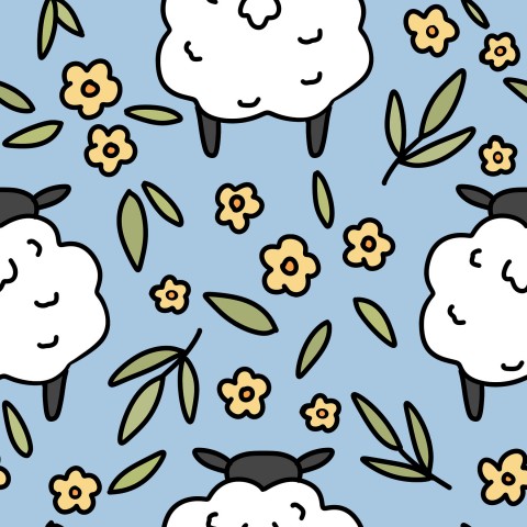 Jersey sheep and flowers on blue