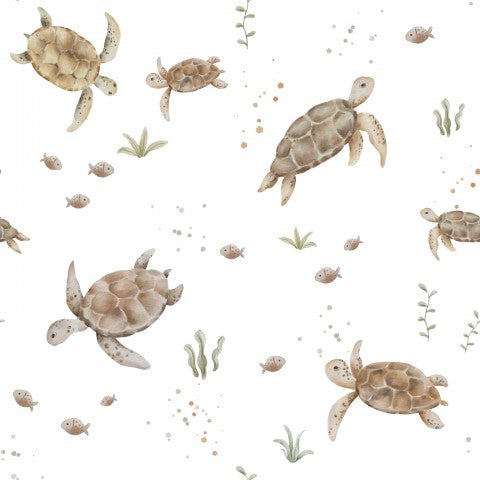 Muslin pattern of sea turtles on a white background