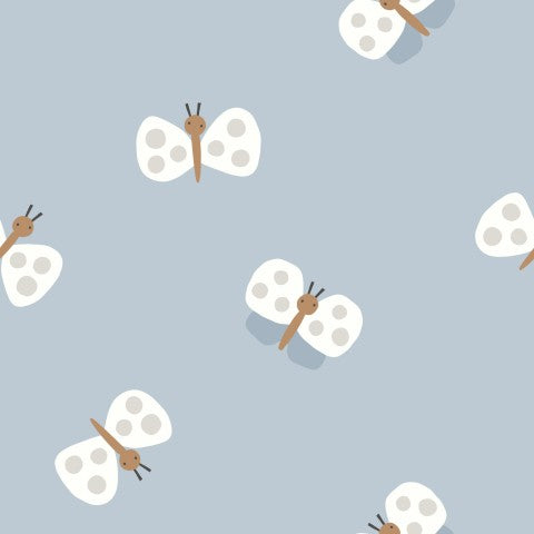 Rib Jersey white butterflies on light blue background