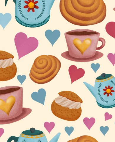 Waterproof fabric teacups, cookies and hearts