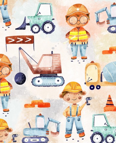 Panama, un motif aquarelle avec des ouvriers du bâtiment et des camions